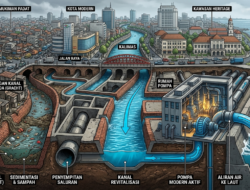 Ilustrasi sistem drainase Surabaya yang menggabungkan kanal Belanda dan rumah pompa modern untuk mengatasi banjir perkotaan