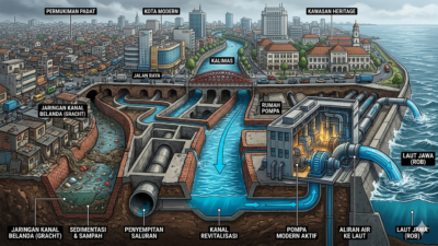 Ilustrasi sistem drainase Surabaya yang menggabungkan kanal Belanda dan rumah pompa modern untuk mengatasi banjir perkotaan