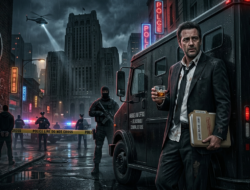 Ilustrasi advokat anti-hero di depan van antipeluru di kota gelap, menggambarkan sistem hukum korup dalam Rogue Lawyer