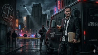 Ilustrasi advokat anti-hero di depan van antipeluru di kota gelap, menggambarkan sistem hukum korup dalam Rogue Lawyer