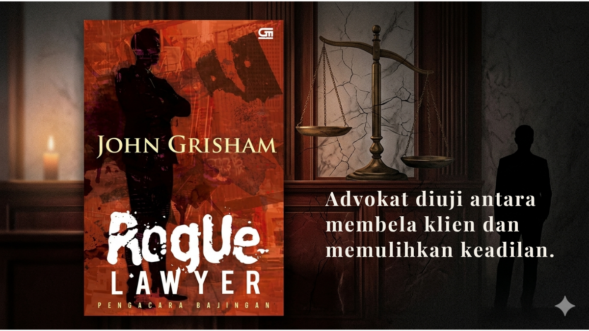 Ilustrasi editorial novel Rogue Lawyer 2015 dalam konteks KUHP 2026 Indonesia yang menampilkan advokat diuji antara pembelaan klien dan keadilan restoratif dalam sistem hukum.