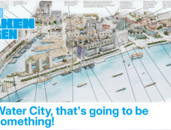 Ilustrasi arsitektur masa depan Rotterdam sebagai kota tahan iklim dengan konsep water city dan infrastruktur adaptif terhadap banjir