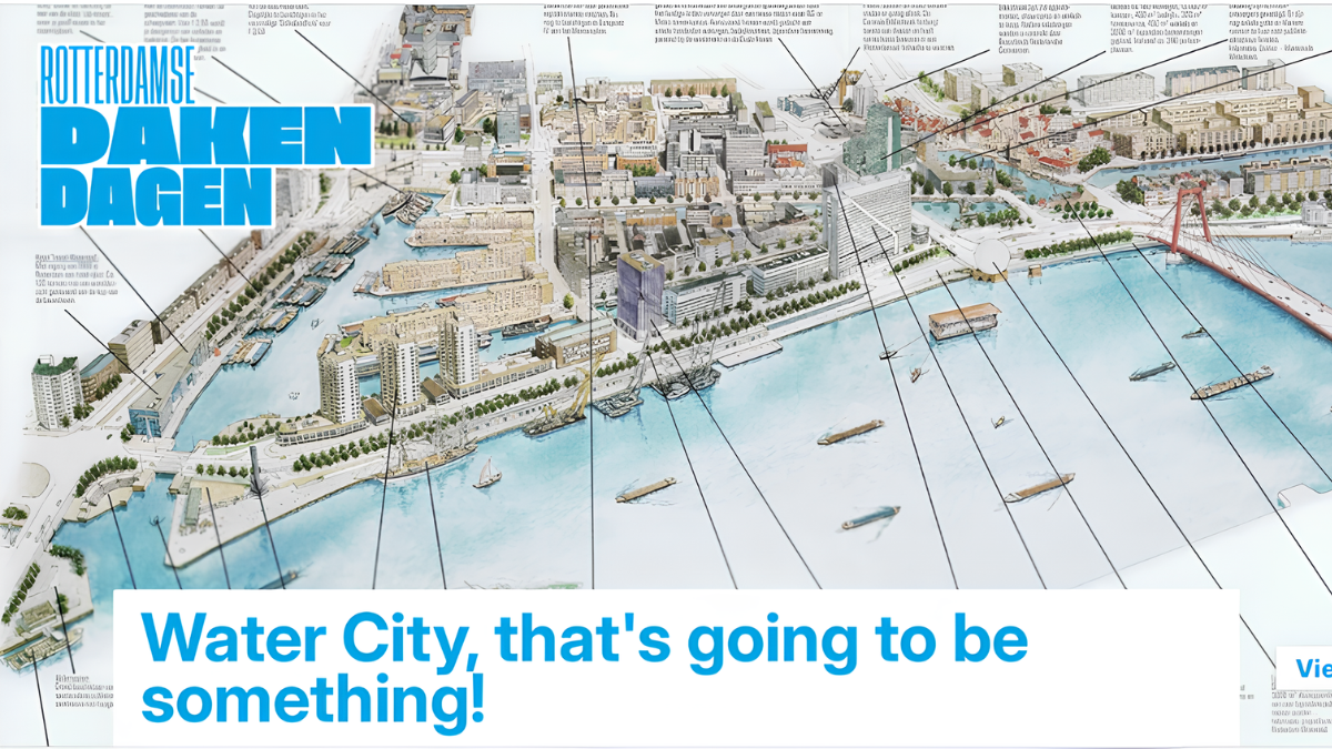 Ilustrasi arsitektur masa depan Rotterdam sebagai kota tahan iklim dengan konsep water city dan infrastruktur adaptif terhadap banjir