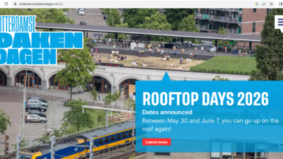 Screenshot situs resmi Rotterdamse Dakendagen yang menampilkan informasi ”Rooftop Days 2026” dengan jadwal 30 Mei hingga 7 Juni, terkait konsep pemanfaatan atap kota untuk urban rooftop innovation dan relevansinya bagi tata kota Surabaya 2026.