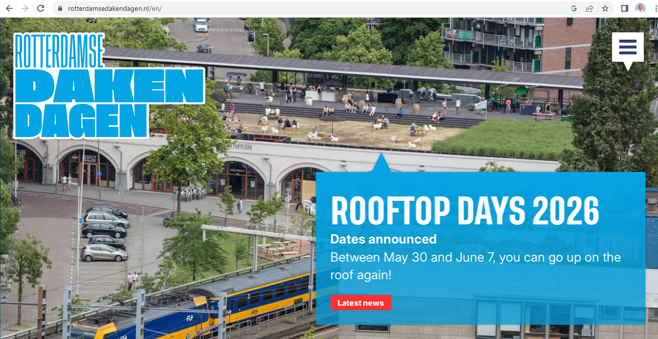 Screenshot situs resmi Rotterdamse Dakendagen yang menampilkan informasi ”Rooftop Days 2026” dengan jadwal 30 Mei hingga 7 Juni, terkait konsep pemanfaatan atap kota untuk urban rooftop innovation dan relevansinya bagi tata kota Surabaya 2026.