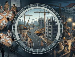 Ilustrasi siklus APBD 12 bulan proyek pemerintah daerah dari perencanaan hingga penyelesaian dengan tekanan deadline 31 Desember dan risiko kualitas pembangunan