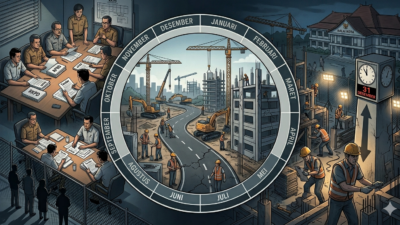 Ilustrasi siklus APBD 12 bulan proyek pemerintah daerah dari perencanaan hingga penyelesaian dengan tekanan deadline 31 Desember dan risiko kualitas pembangunan