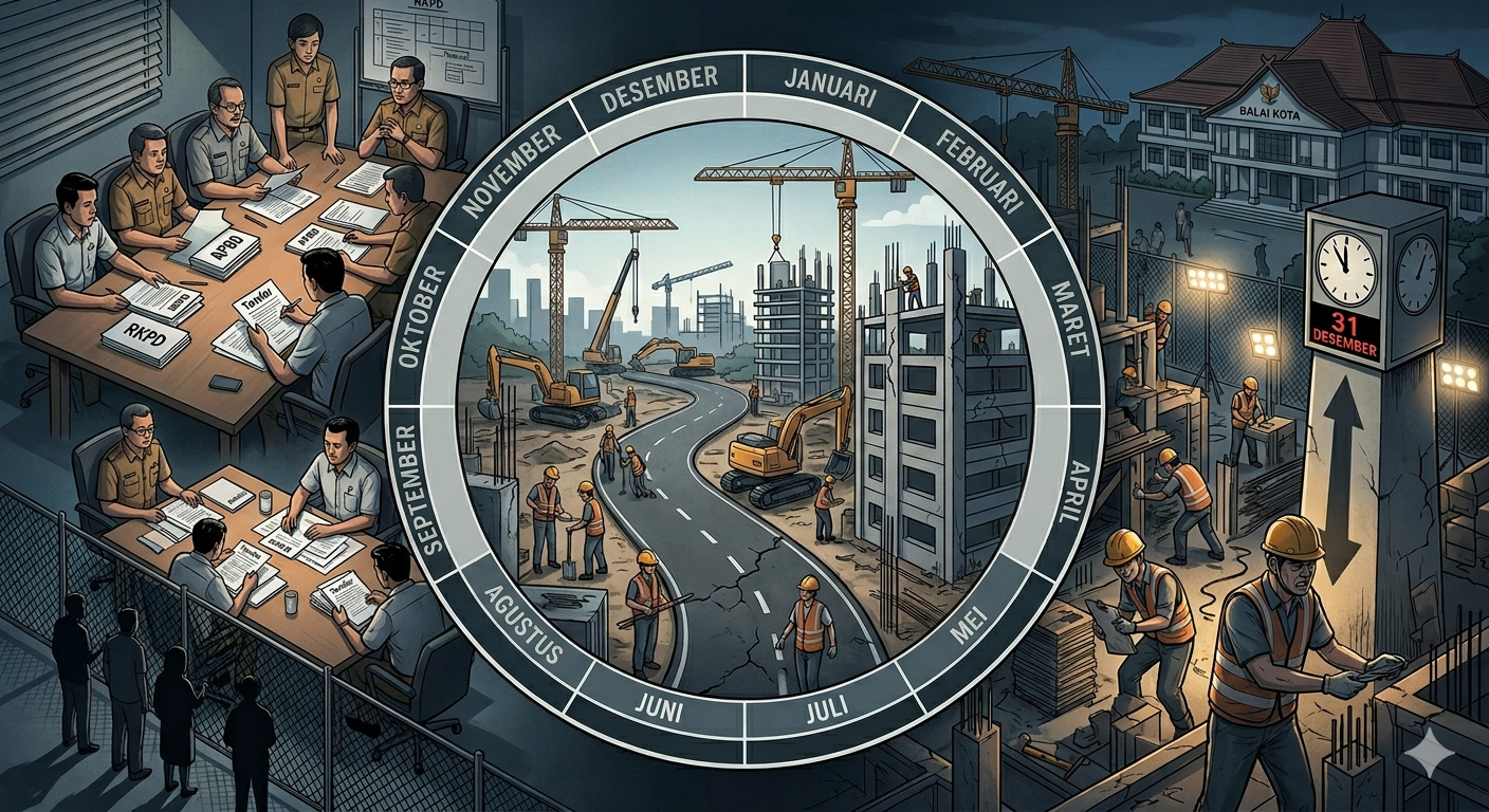 Ilustrasi siklus APBD 12 bulan proyek pemerintah daerah dari perencanaan hingga penyelesaian dengan tekanan deadline 31 Desember dan risiko kualitas pembangunan