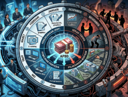 Ilustrasi siklus pengadaan barang dan jasa pemerintah daerah berbasis APBD dengan timeline 12 bulan, menampilkan proses RUP, tender, e-purchasing, hingga proyek publik serta risiko korupsi dan kolusi