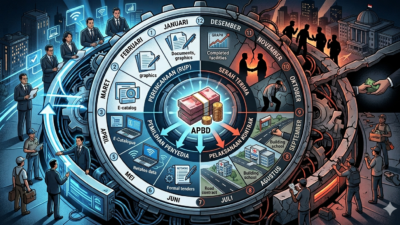 Ilustrasi siklus pengadaan barang dan jasa pemerintah daerah berbasis APBD dengan timeline 12 bulan, menampilkan proses RUP, tender, e-purchasing, hingga proyek publik serta risiko korupsi dan kolusi