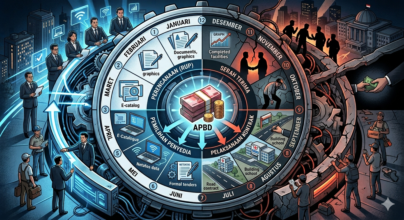 Ilustrasi siklus pengadaan barang dan jasa pemerintah daerah berbasis APBD dengan timeline 12 bulan, menampilkan proses RUP, tender, e-purchasing, hingga proyek publik serta risiko korupsi dan kolusi