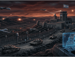 Ilustrasi benteng militer Israel 2026 di perbatasan utara dengan konsep Super-Sparta, menampilkan teknologi pertahanan canggih dan zona penyangga Lebanon