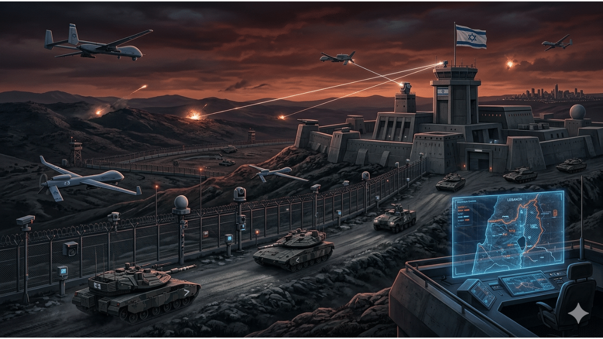 Ilustrasi benteng militer Israel 2026 di perbatasan utara dengan konsep Super-Sparta, menampilkan teknologi pertahanan canggih dan zona penyangga Lebanon