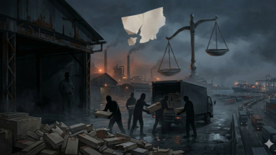 Ilustrasi rokok ilegal tanpa pita cukai dan bayangan praktik korupsi pengawasan cukai di Jawa Timur 2026 yang mencerminkan krisis tata kelola industri rokok