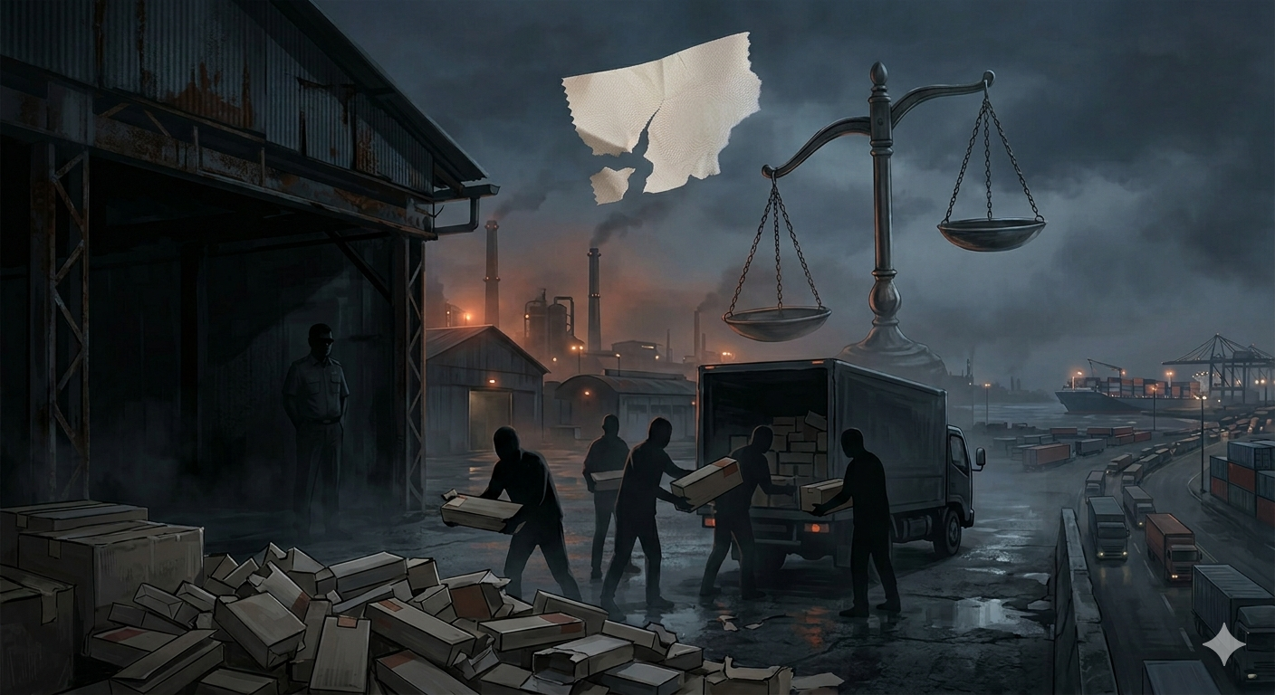 Ilustrasi rokok ilegal tanpa pita cukai dan bayangan praktik korupsi pengawasan cukai di Jawa Timur 2026 yang mencerminkan krisis tata kelola industri rokok