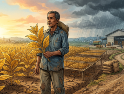 Ilustrasi petani tembakau Pamekasan 2026 di lahan kering dengan kontras cuaca cerah dan hujan, menggambarkan ketidakpastian harga dan tata niaga tembakau Madura