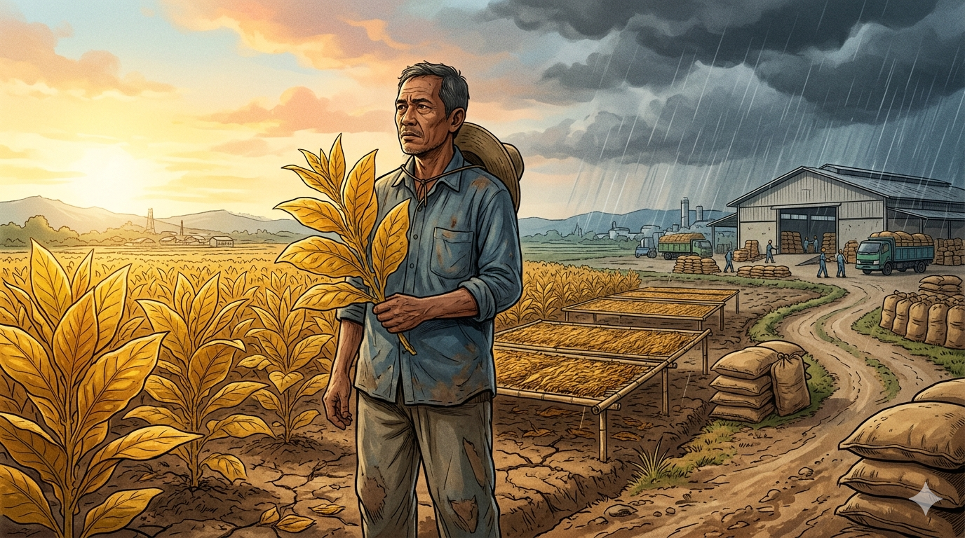 Ilustrasi petani tembakau Pamekasan 2026 di lahan kering dengan kontras cuaca cerah dan hujan, menggambarkan ketidakpastian harga dan tata niaga tembakau Madura