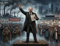 Ilustrasi Vladimir Lenin membacakan Tesis April 1917 di Petrograd di depan buruh dan tentara, dengan latar transisi ke konteks krisis sosial dan kebijakan publik modern 2026