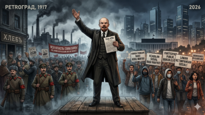 Ilustrasi Vladimir Lenin membacakan Tesis April 1917 di Petrograd di depan buruh dan tentara, dengan latar transisi ke konteks krisis sosial dan kebijakan publik modern 2026