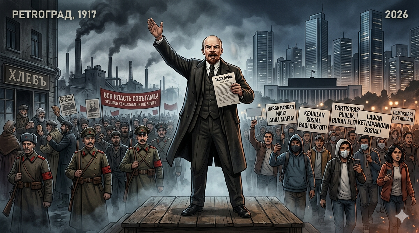 Ilustrasi Vladimir Lenin membacakan Tesis April 1917 di Petrograd di depan buruh dan tentara, dengan latar transisi ke konteks krisis sosial dan kebijakan publik modern 2026