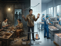 Ilustrasi perbandingan produksi rokok ilegal skala rumahan dan pabrik rokok legal di Indonesia yang menggambarkan transformasi borjuis kecil dalam industri tembakau