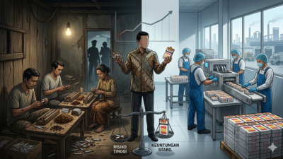 Ilustrasi perbandingan produksi rokok ilegal skala rumahan dan pabrik rokok legal di Indonesia yang menggambarkan transformasi borjuis kecil dalam industri tembakau