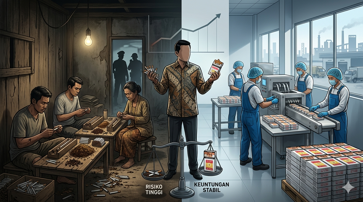 Ilustrasi perbandingan produksi rokok ilegal skala rumahan dan pabrik rokok legal di Indonesia yang menggambarkan transformasi borjuis kecil dalam industri tembakau