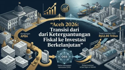 Ilustrasi transisi fiskal Aceh 2026 dari ketergantungan APBA dan dana Otsus menuju investasi swasta dan pengembangan sektor riil