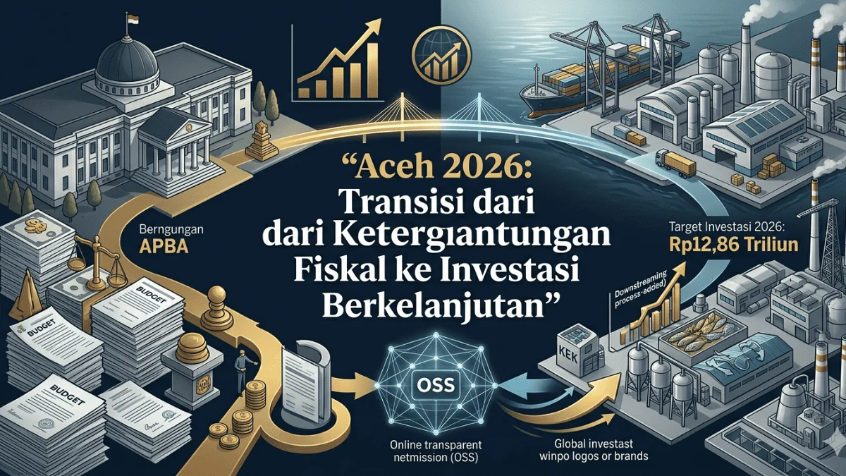Ilustrasi transisi fiskal Aceh 2026 dari ketergantungan APBA dan dana Otsus menuju investasi swasta dan pengembangan sektor riil