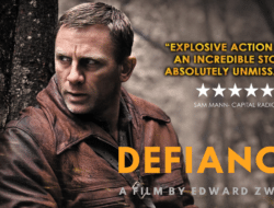 Poster film “Defiance” (2008) menampilkan Daniel Craig sebagai Tuvia Bielski bersembunyi di hutan Naliboki, Belarus, menggambarkan perlawanan Yahudi terhadap Nazi selama “Holocaust”
