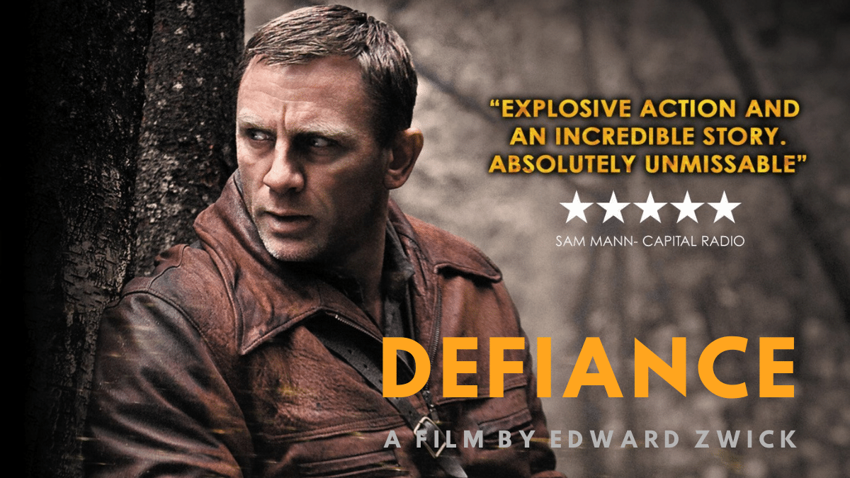 Poster film “Defiance” (2008) menampilkan Daniel Craig sebagai Tuvia Bielski bersembunyi di hutan Naliboki, Belarus, menggambarkan perlawanan Yahudi terhadap Nazi selama “Holocaust”