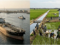 Ilustrasi photorealistic kapal tanker di Selat Hormuz dan lumbung pangan Indonesia di Merauke di tengah krisis geopolitik global 2026.