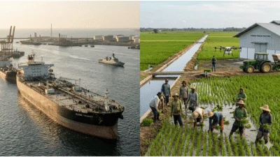 Ilustrasi photorealistic kapal tanker di Selat Hormuz dan lumbung pangan Indonesia di Merauke di tengah krisis geopolitik global 2026.