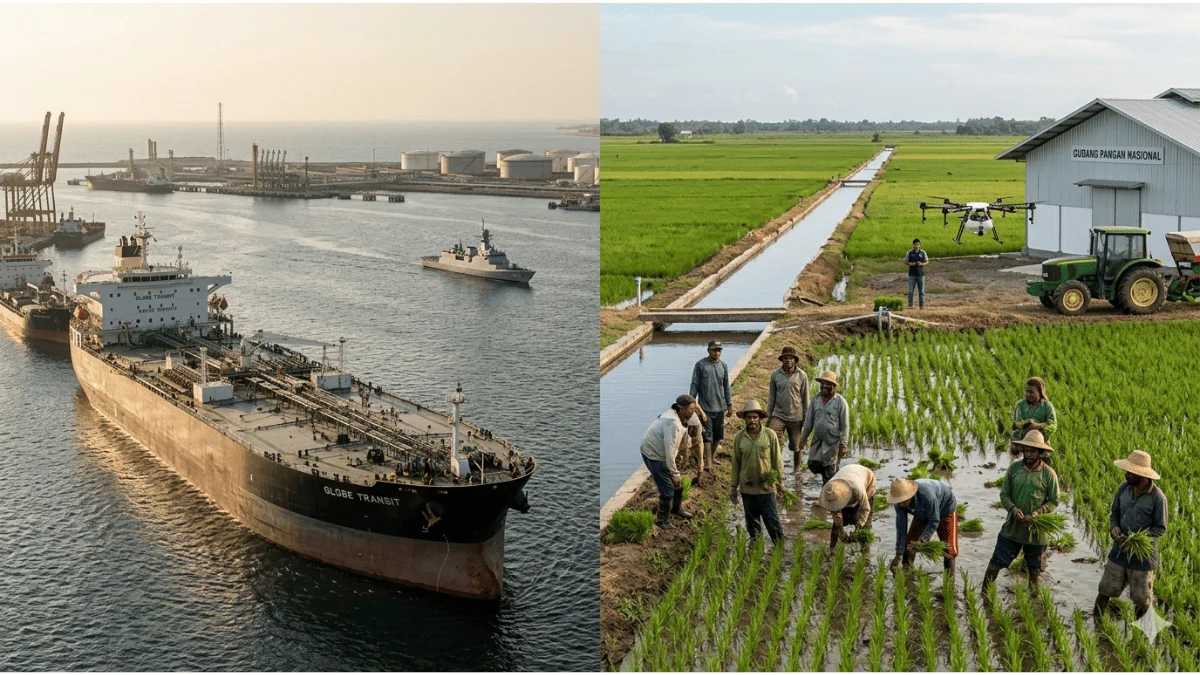 Ilustrasi photorealistic kapal tanker di Selat Hormuz dan lumbung pangan Indonesia di Merauke di tengah krisis geopolitik global 2026.