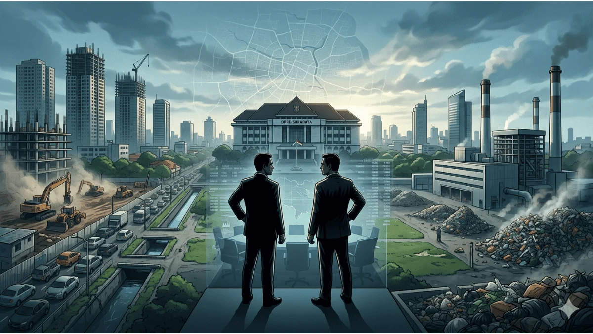 Ilustrasi duet PDIP dan Golkar di DPRD Surabaya saat mengevaluasi proyek lingkungan, PLTSa Benowo, dan infrastruktur energi Kota Surabaya tahun 2026.