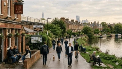 Suasana kawasan suburban Hampton di tepi Sungai Thames, London, dengan aktivitas warga dan lingkungan permukiman yang tenang pada 2026.