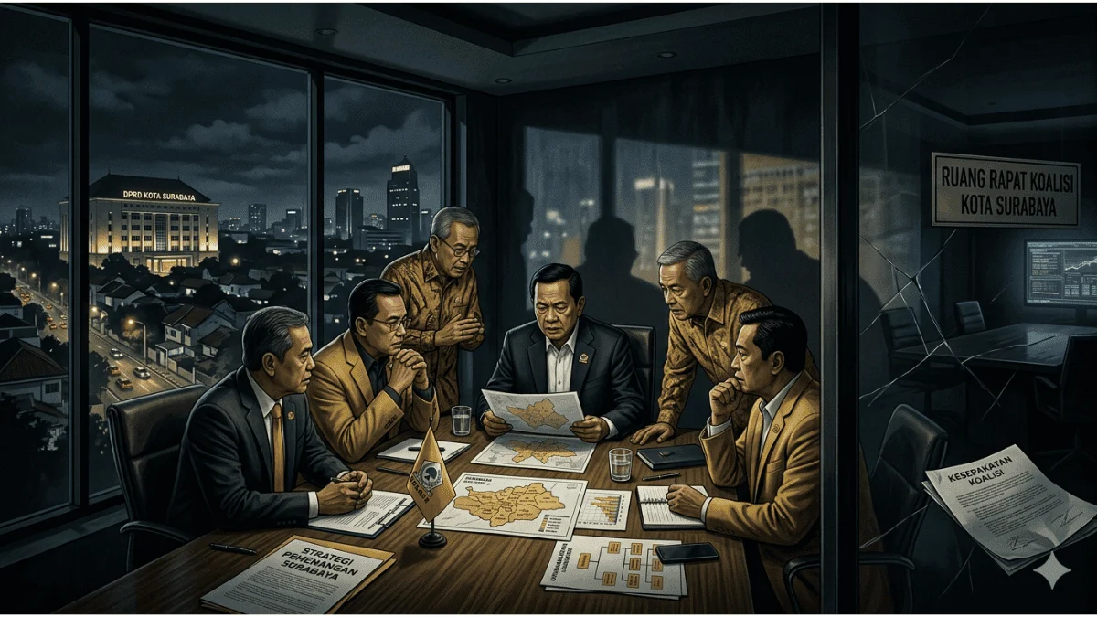 Ilustrasi politik mengenai manuver senyap Golkar Surabaya, penguatan struktur partai, dan dinamika koalisi petahana di DPRD Surabaya tahun 2026.