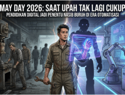Ilustrasi buruh di persimpangan antara pabrik konvensional dan industri digital pada May Day 2026, menggambarkan dilema upah dan kebutuhan pendidikan digital di tengah otomatisasi.