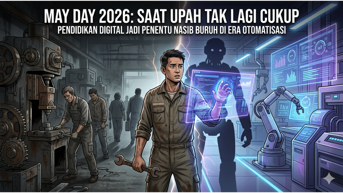 Ilustrasi buruh di persimpangan antara pabrik konvensional dan industri digital pada May Day 2026, menggambarkan dilema upah dan kebutuhan pendidikan digital di tengah otomatisasi.