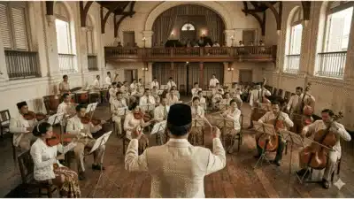 Latihan orkestra Indonesia modern dengan pengaruh musik klasik The Netherlands dalam gedung bergaya kolonial.