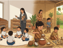 Ilustrasi perbandingan metode Montessori di Indonesia 2026 antara kelas mahal berbasis alat impor dan pembelajaran kemandirian anak dengan bahan lokal