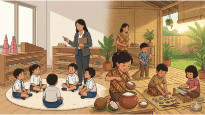 Ilustrasi perbandingan metode Montessori di Indonesia 2026 antara kelas mahal berbasis alat impor dan pembelajaran kemandirian anak dengan bahan lokal