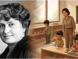 Ilustrasi Maria Montessori hitam-putih berdampingan dengan kelas PAUD Indonesia 2026 yang menampilkan anak belajar mandiri dalam konsep kurikulum merdeka