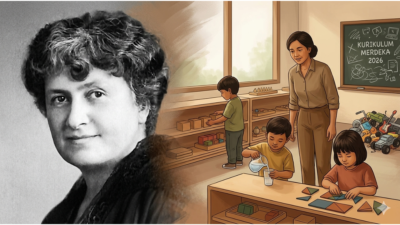 Ilustrasi Maria Montessori hitam-putih berdampingan dengan kelas PAUD Indonesia 2026 yang menampilkan anak belajar mandiri dalam konsep kurikulum merdeka