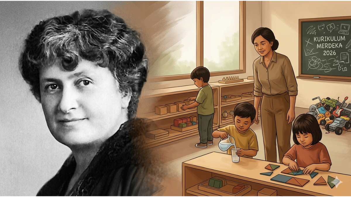 Ilustrasi Maria Montessori hitam-putih berdampingan dengan kelas PAUD Indonesia 2026 yang menampilkan anak belajar mandiri dalam konsep kurikulum merdeka