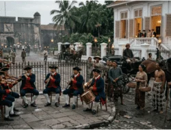 Musisi militer VOC memainkan musik klasik Mozart di Batavia abad ke-18 disaksikan masyarakat bumiputera.