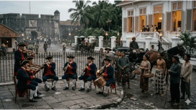 Musisi militer VOC memainkan musik klasik Mozart di Batavia abad ke-18 disaksikan masyarakat bumiputera.