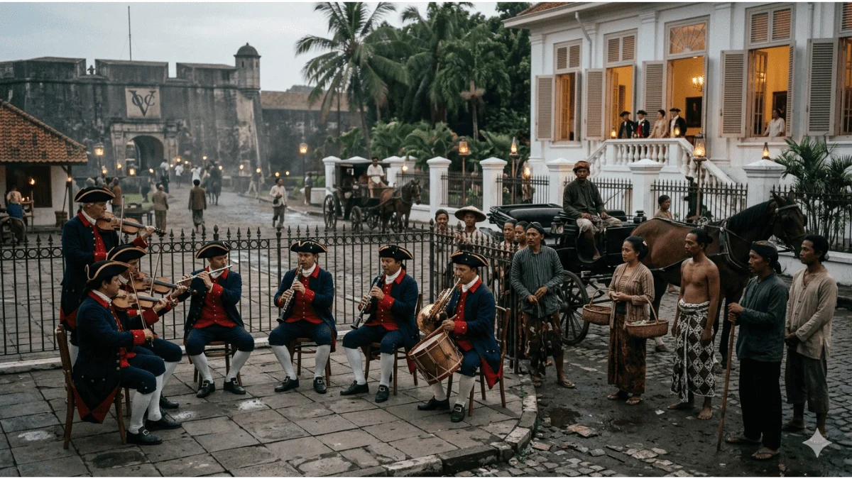 Musisi militer VOC memainkan musik klasik Mozart di Batavia abad ke-18 disaksikan masyarakat bumiputera.