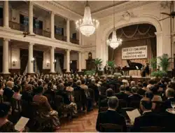 Konser musik klasik Eropa di gedung “societeit” kolonial Priangan yang dihadiri elite The Netherlands dan bangsawan Jawa pada era Hindia Belanda.