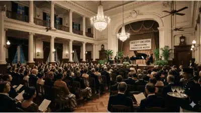 Konser musik klasik Eropa di gedung “societeit” kolonial Priangan yang dihadiri elite The Netherlands dan bangsawan Jawa pada era Hindia Belanda.